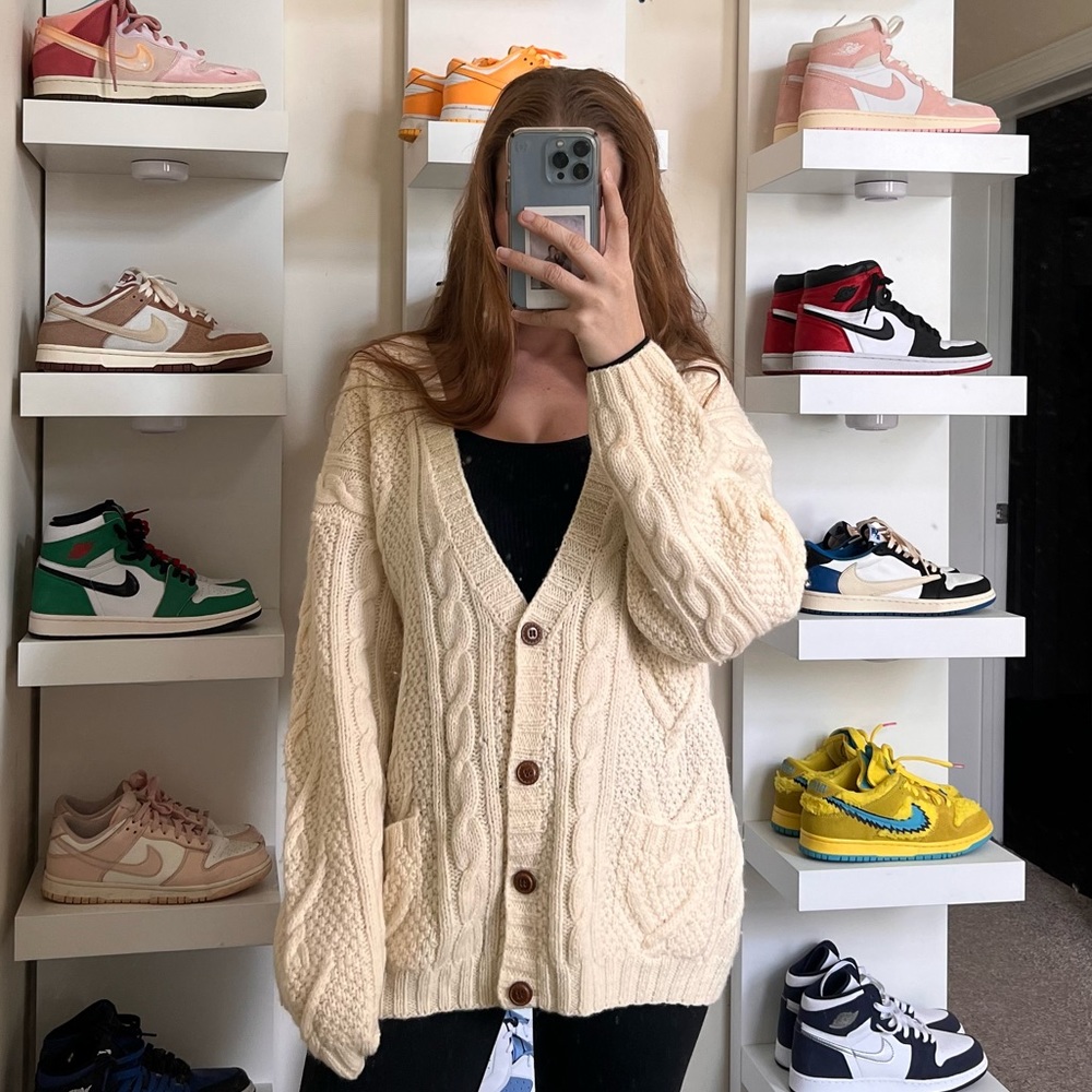 Vintage 100% Wool 90s LL Bean Chunky Cable Knit Fisherman Sweater Cardigan Sz Lg